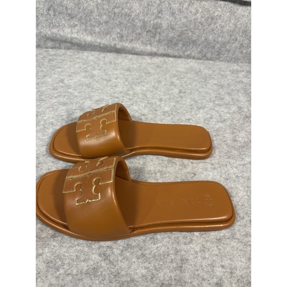 Tory Burch Double T Sport Slide Brown/Tan Gold Logo Size 8 - Picture 3 of 7